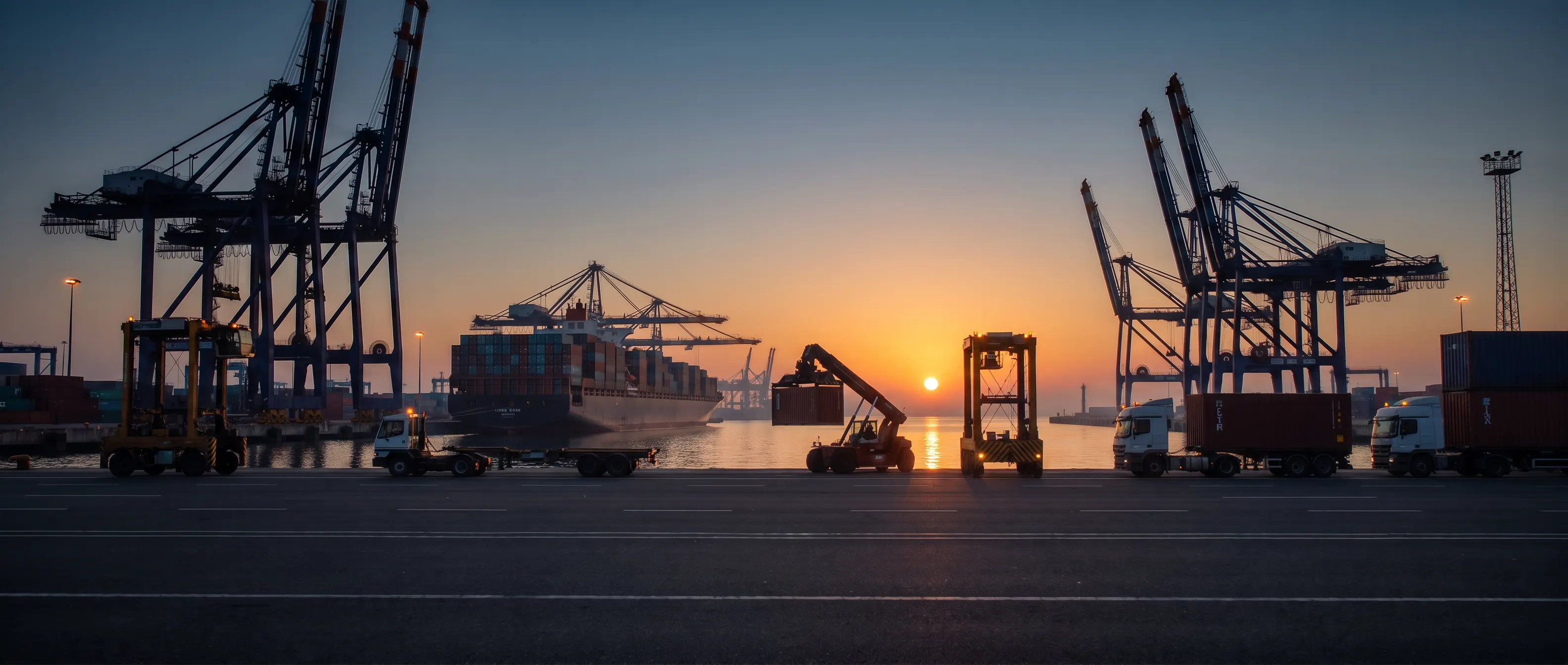 Container port at dusk: gantry cranes, a container ship, straddle carriers, a reach stacker and trucks on the quay